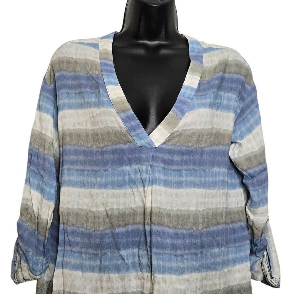 H Halston Blouse Size XS Stripe 3/4 Sleeve V-Neck Beach Vibes - Picture 2 of 7